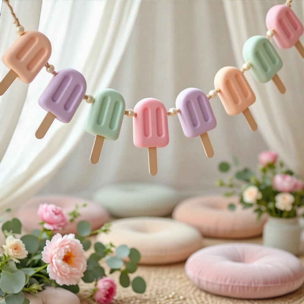 Pool Noodle Garland: The Easiest $10 Party Decoration You're Not Making Yet A close-up shot of a handmade pool noodle garland in pastel colors, featuring popsicle-shaped foam pieces with wooden sticks, threaded on cotton twine with wooden beads, hanging against sheer white drapery, above a pastel-themed picnic table setting adorned with peonies, eucalyptus, ceramic plates, and gold flatware, illuminated by soft morning light.