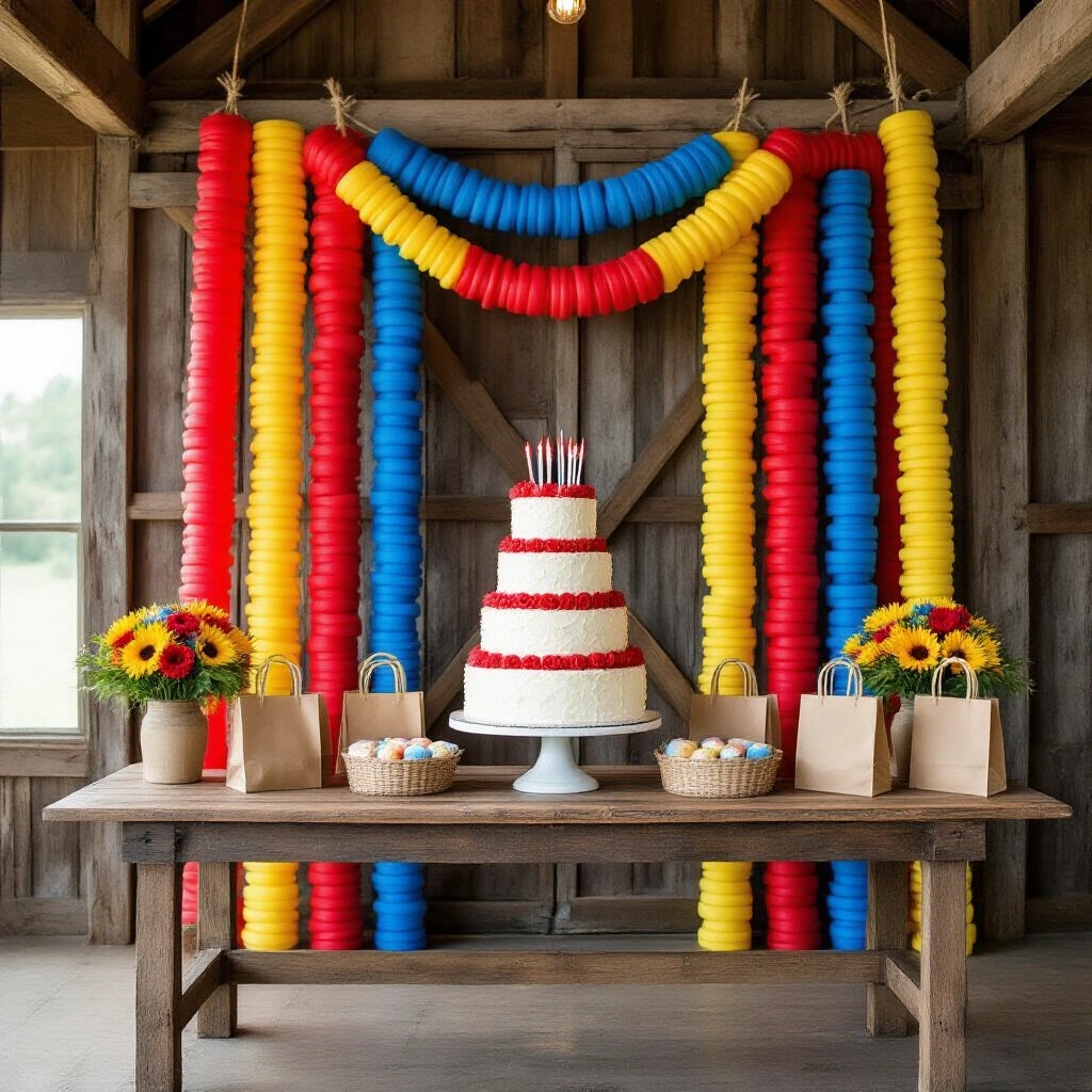 Pool Noodle Garland: The Easiest $10 Party Decoration You're Not Making Yet A photorealistic wide shot of a rustic barn interior decorated for a birthday party, featuring a colorful multi-strand pool noodle garland backdrop, a towering five-tier birthday cake, and vibrant latex balloons, all under warm Edison bulb lighting.