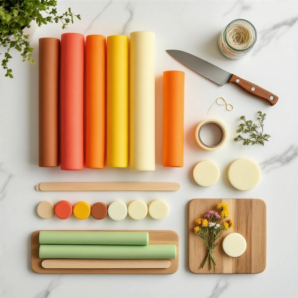 Pool Noodle Garland: The Easiest $10 Party Decoration You're Not Making Yet An overhead flat-lay view of a well-organized pool noodle garland craft setup on a white marble countertop, featuring gradient-colored pool noodles, cut foam rounds, a serrated bread knife, a wooden cutting board, clear fishing line, a large-eye needle, masking tape, jumbo craft sticks, dried wildflowers, and a handwritten note card labeled 'pool noodle garland', all illuminated by soft midday sunlight.