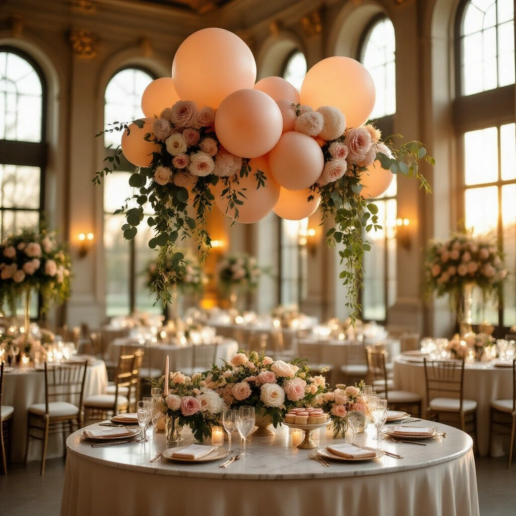 Floral Balloon Garland: The Complete Guide to Building, Styling, and Photographing a Stunning Installation A grand indoor ballroom bathed in warm amber light features an elegant balloon garland above a marble-topped dessert table adorned with tiered cake stands and gold-rimmed glassware, surrounded by fresh petals and floral accents.