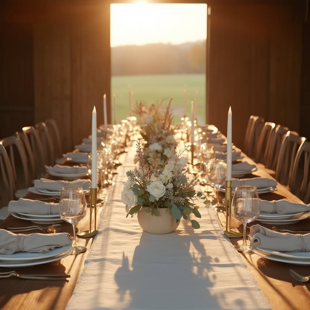 Minimalist Wedding Table Decor — A Practical Guide Monochromatic ivory-and-stone styled barn reception table with white ranunculus centerpiece, ivory candles in brass holders, ceramic plates with folded linen napkins, lit by autumn sunlight casting long shadows