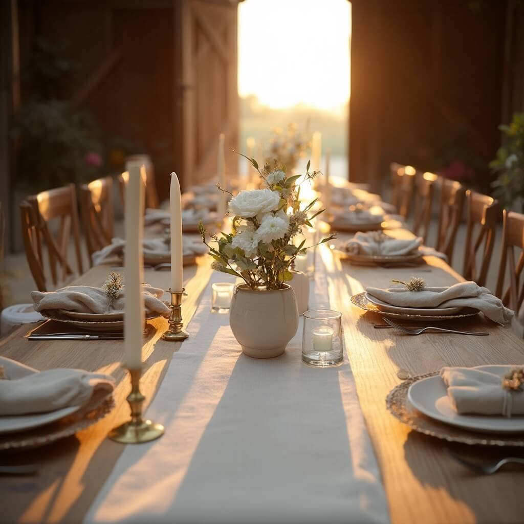 Minimalist Wedding Table Decor — A Practical Guide Monochromatic ivory-and-stone styled barn reception table at golden hour with a singular white ranunculus and olive branch centerpiece, tapered candles in brass holders, and ceramic plates with folded linen napkins, lit by warm sunlight casting long shadows