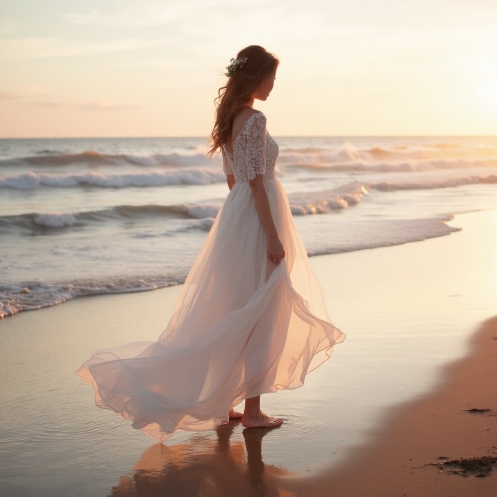 Comprehensive Outline: Beach Wedding Dress Barefoot bride adorned in a chiffon A-line gown at the beach during golden hour, with reflected sunlight casting colors on water and footprints in the sand