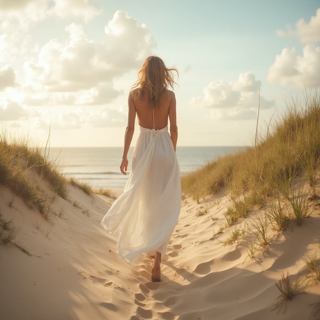 Comprehensive Outline: Beach Wedding Dress Bride in lightweight linen dress confidently crossing sunlit sand dunes near beach grass under a sky with scattered clouds, with the sea in the distance