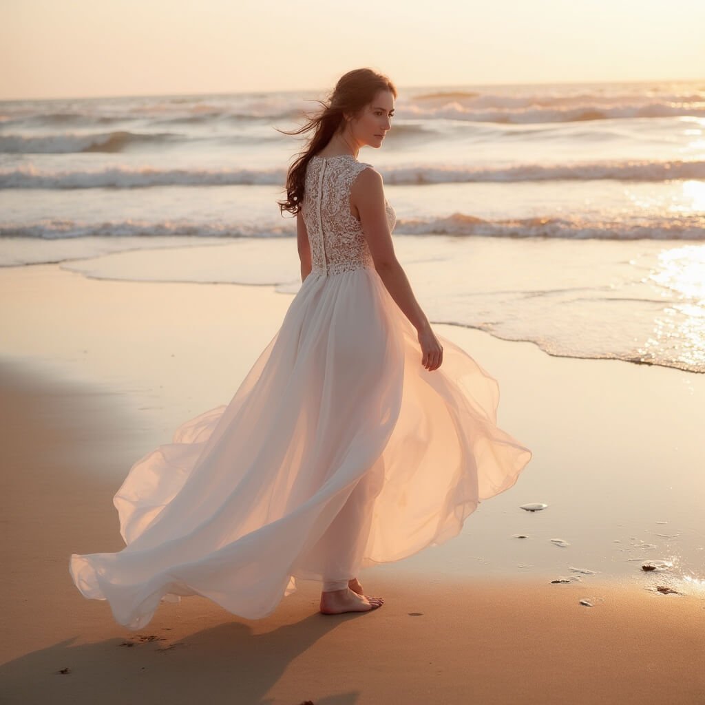 Comprehensive Outline: Beach Wedding Dress Barefoot bride in a flowing chiffon wedding gown at the shoreline, bathed in golden hour sunlight, with waves and footprints in the sand behind her