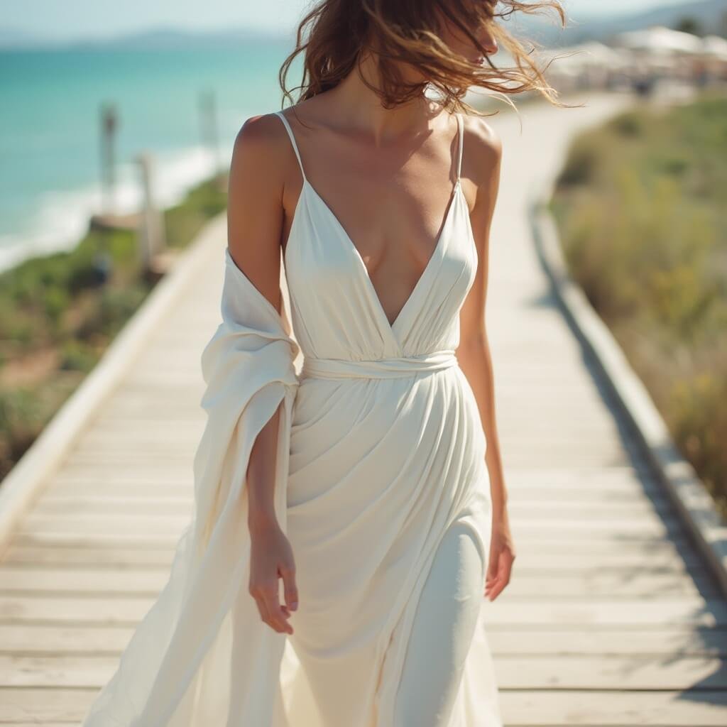 Comprehensive Outline: Beach Wedding Dress Bride in sleek satin-silk wedding dress standing on a wooden boardwalk overlooking the ocean, with soft bokeh of turquoise water and beach umbrellas in the background