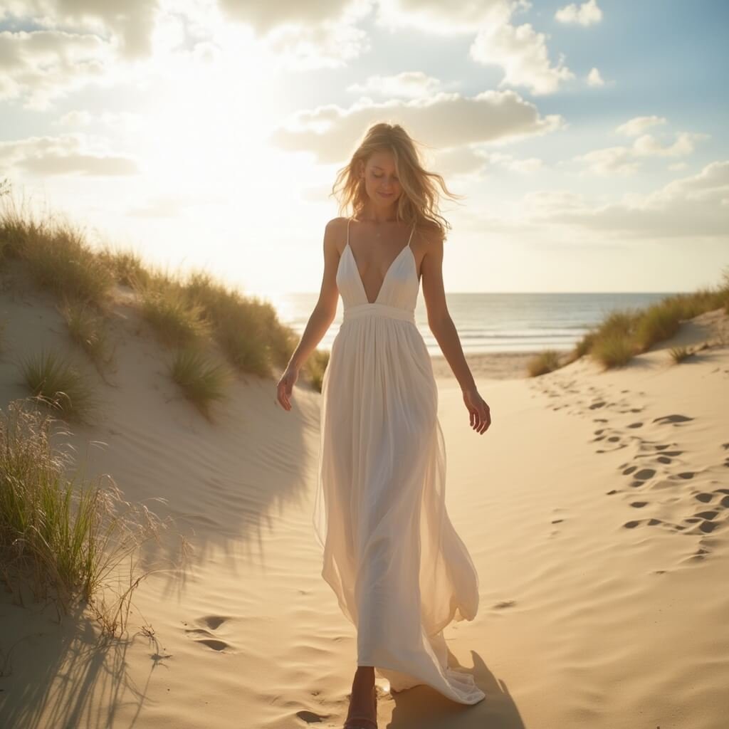 Comprehensive Outline: Beach Wedding Dress Bride in lightweight high-low hemline gown walking on sunlit sand dunes near beach grass, under a golden late afternoon sky