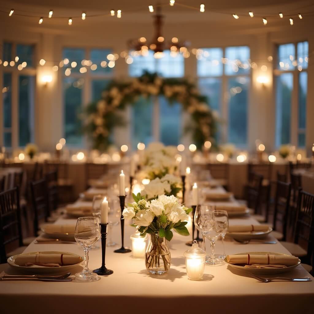 Minimalist Wedding Table Decor — A Practical Guide Elegant reception hall with neutral-colored banquet table, white flowers, black candlesticks, a floral arch centerpiece, and ambient string lighting against evening light