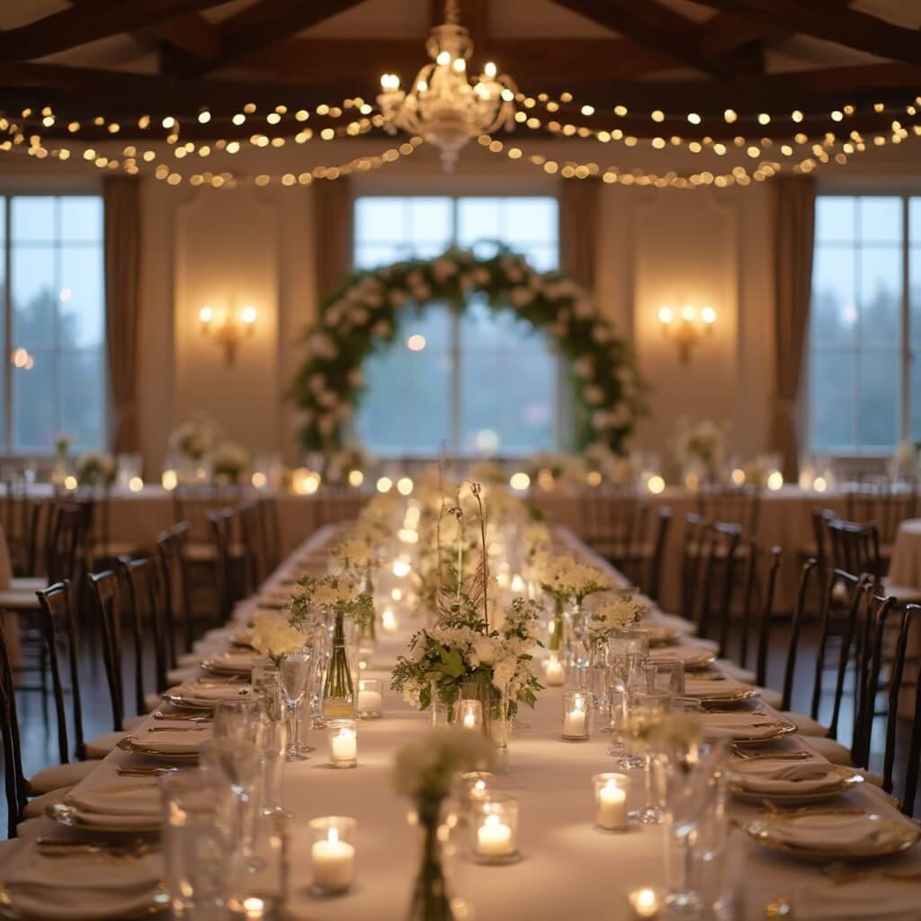 Minimalist Wedding Table Decor — A Practical Guide Elegant reception hall with a long banquet table, stone-colored linens, white blooms in bud vases, black candlesticks with ivory tapers, a floral arch behind the head table, and string lights for ambient lighting against tall windows.