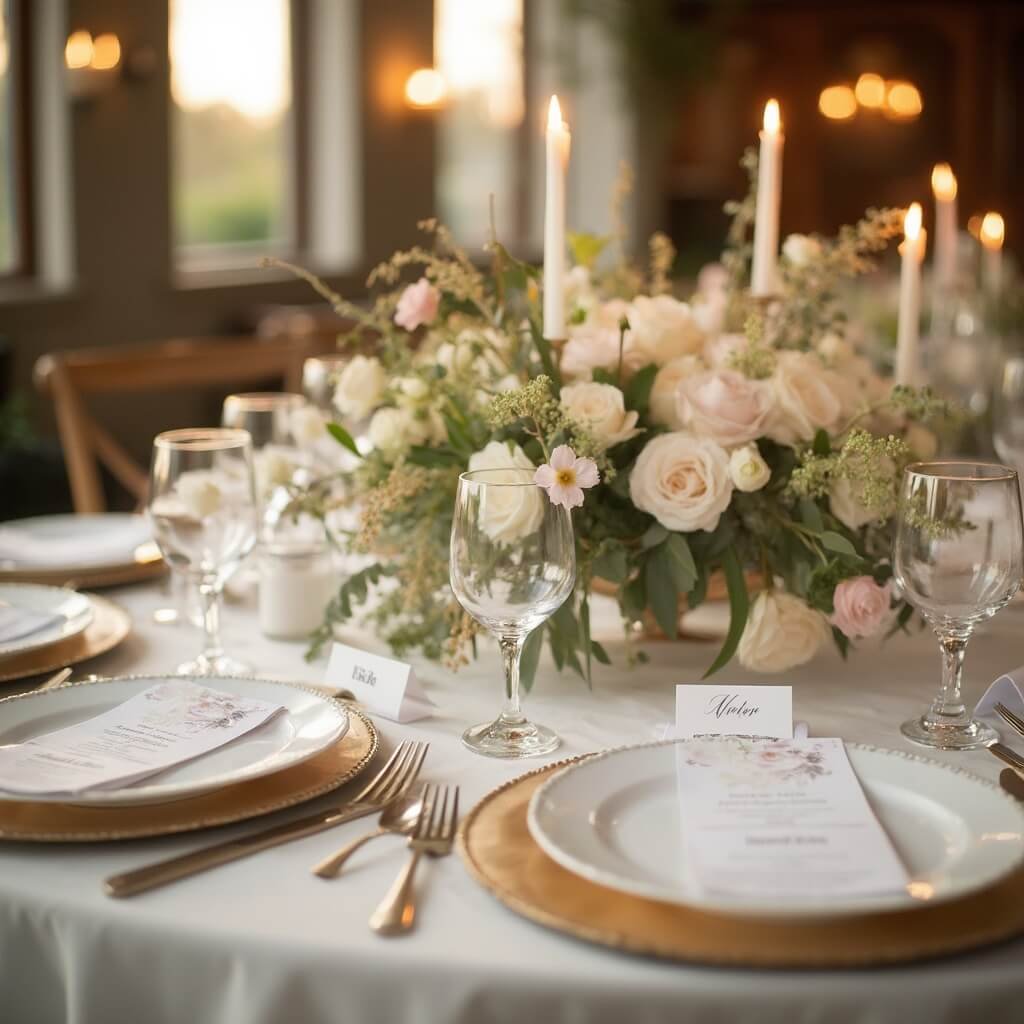 Round Table Wedding Decor: What Actually Matters When You're Planning Yours Low angle view of a 60-inch round wedding reception table with ivory linen, a delicate floral centerpiece, golden chargers, crystal glassware and calligraphed place cards, bathed in warm golden hour light from nearby windows