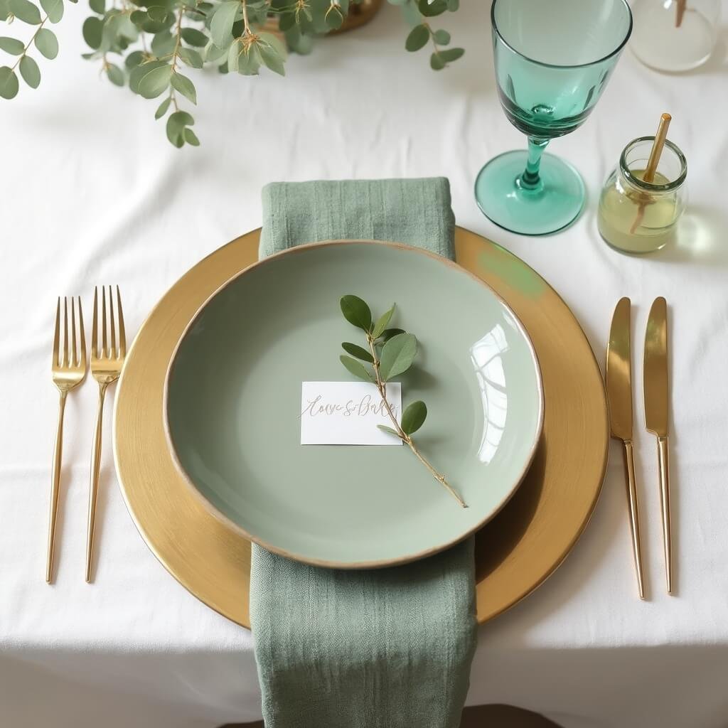 Minimalist Wedding Table Decor — A Practical Guide Minimalist wedding table setting with brushed-gold plate, matte stoneware, sage green napkin, gold cutlery, eucalyptus bud vase, and handwritten place card, illuminated by natural window light