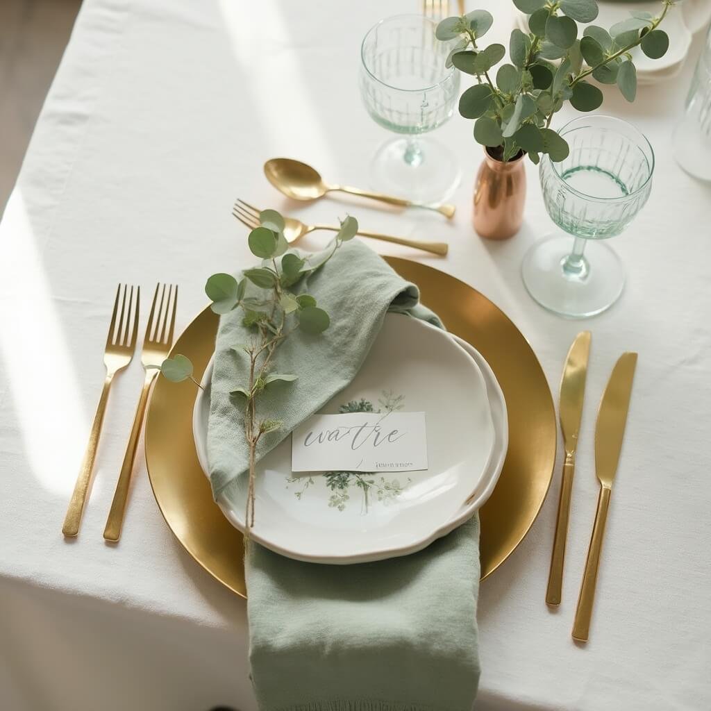Minimalist Wedding Table Decor — A Practical Guide Minimalist wedding place setting with brushed-gold charger plate, matte dinnerware, sage green linen napkin, gold cutlery, bud vase with eucalyptus, and handwritten place card on a white tablecloth