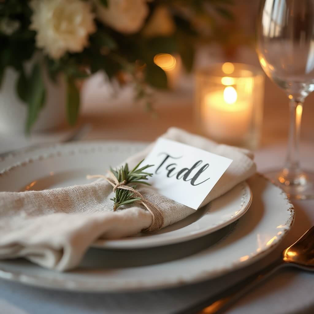 Round Table Wedding Decor: What Actually Matters When You're Planning Yours Close-up of reception table setup with rosemary sprig tucked under napkin, table number card, votive candle, china and flatware, with blurred floral centerpiece in warm evening lighting