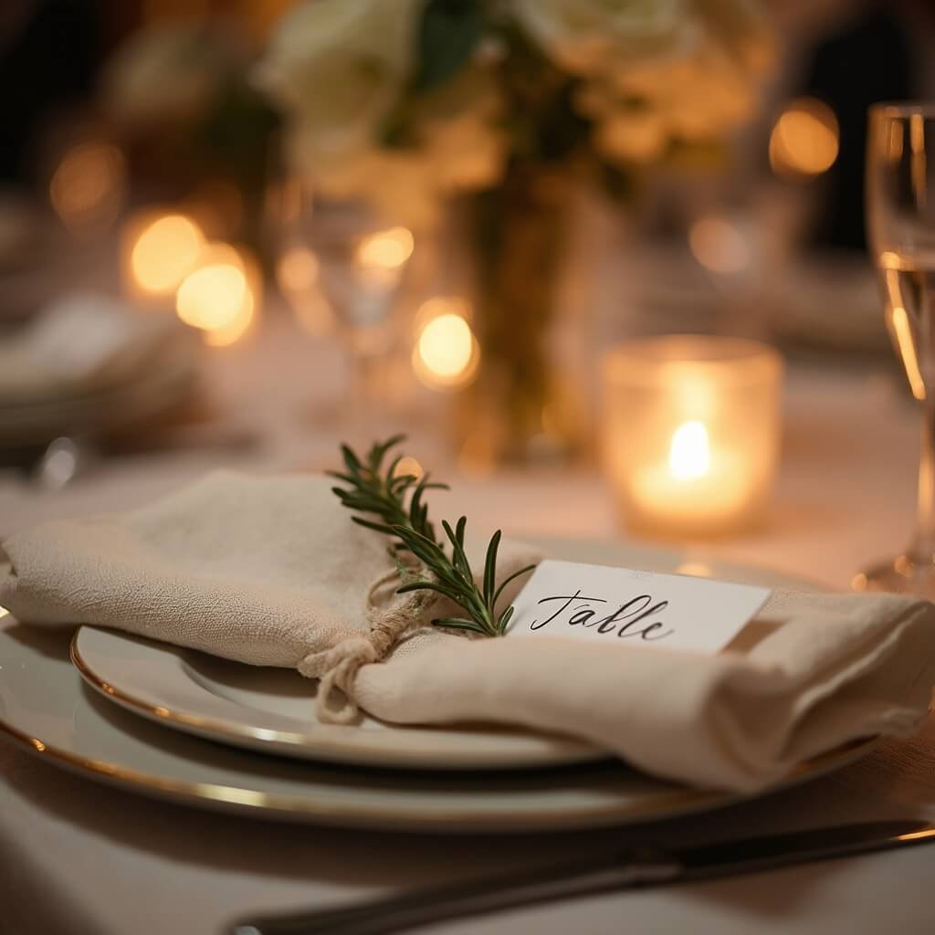 Round Table Wedding Decor: What Actually Matters When You're Planning Yours Close-up of reception table setting with rosemary sprig on folded linen napkin, hand-lettered table number card, delicate china, and glittering flatware under warm candlelight, with softly blurred floral centerpiece in background