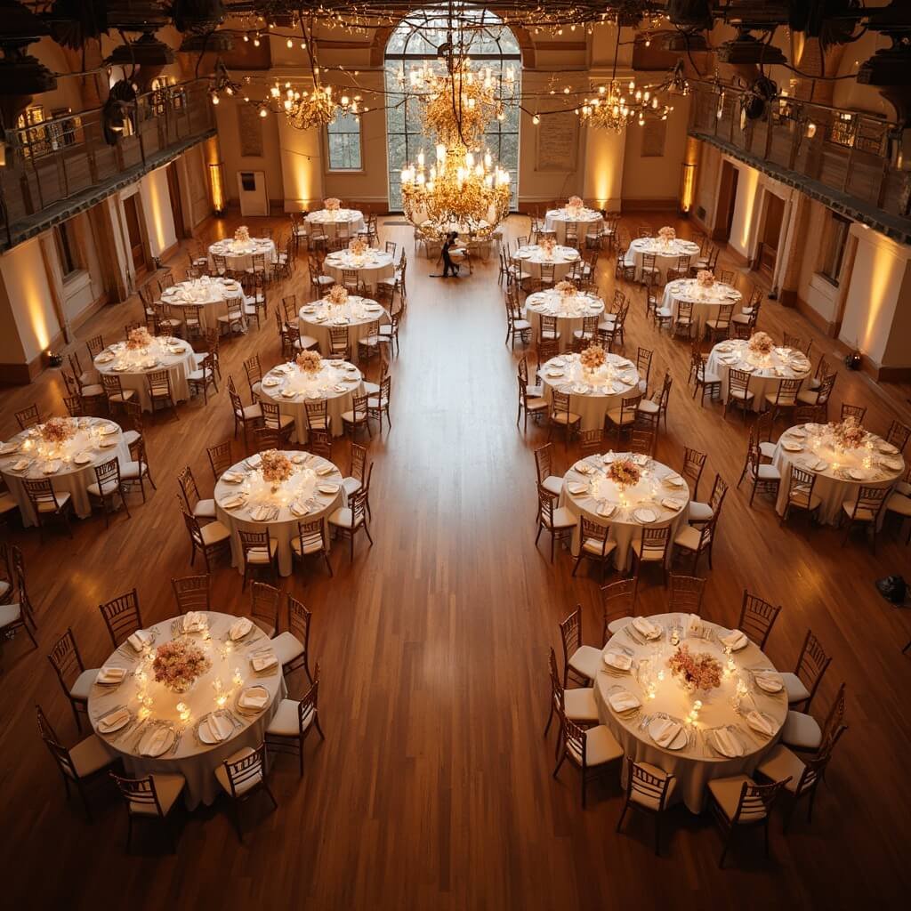 Round Table Wedding Decor: What Actually Matters When You're Planning Yours Overhead view of a large wedding reception hall with identical setups of round tables, white linens, and blush centerpieces under warm string lights and soft chandeliers, with staff preparing final touches.