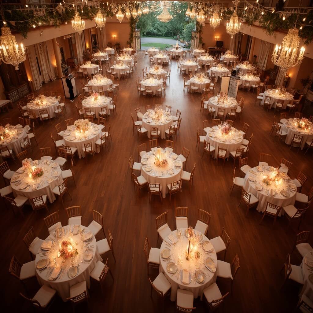 Round Table Wedding Decor: What Actually Matters When You're Planning Yours Wedding reception hall with uniformly decorated round tables, warm string lights, softly glowing chandeliers and catering staff at work.