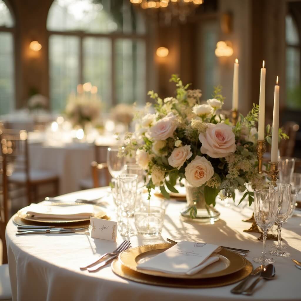 Round Table Wedding Decor: What Actually Matters When You're Planning Yours Elegant wedding reception table setup with an ivory cloth, gold charger, floral centerpiece, taper candles, crystal glassware, and calligraphy place cards in warm golden hour light.